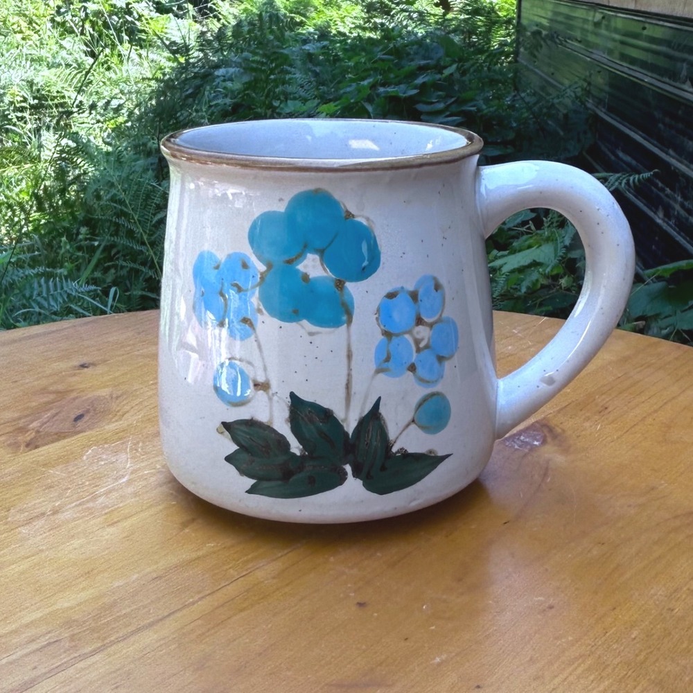 Vintage Coffee Mug Unisex Large Blue Flower Hand Painted Speckled Otagiri Japan